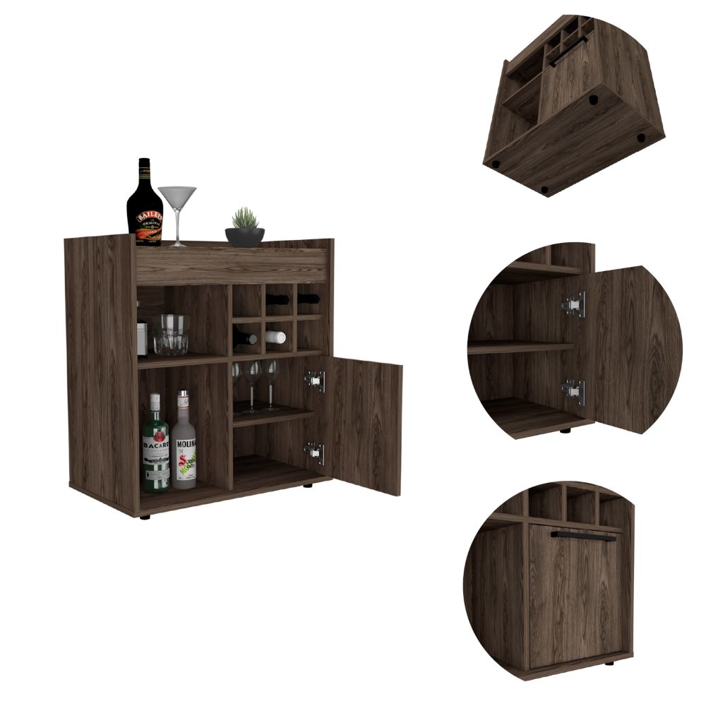 Lyon Bar Cabinet, Six Cubbies, Cabinet With Divisions, Two Concealed Shelves -Dark Walnut